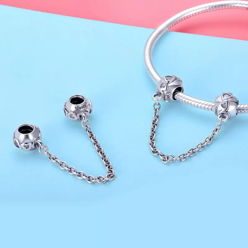 (imagen para) Pulsera de estilo Pandora con cadena de seguridad de corazones lindos en plata - - Ver 2