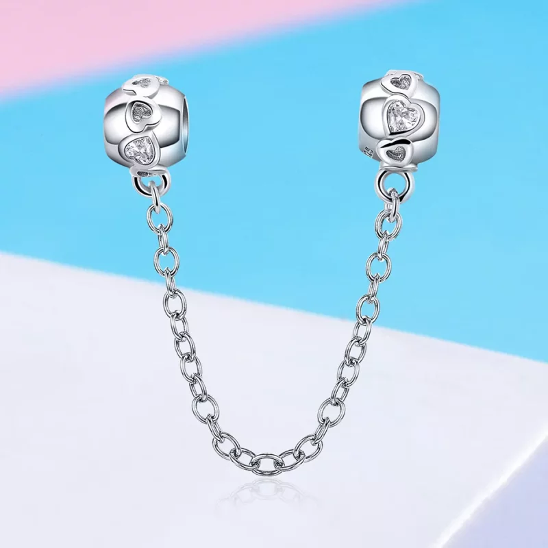 (imagen para) Pulsera de estilo Pandora con cadena de seguridad de corazones lindos en plata - - Ver 4