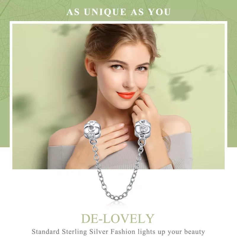 (imagen para) Pulsera de estilo Pandora con cadena de seguridad de corazones lindos en plata - - Ver 6