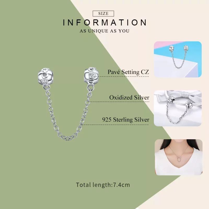 (imagen para) Pulsera de estilo Pandora con cadena de seguridad de corazones lindos en plata - - Ver 7