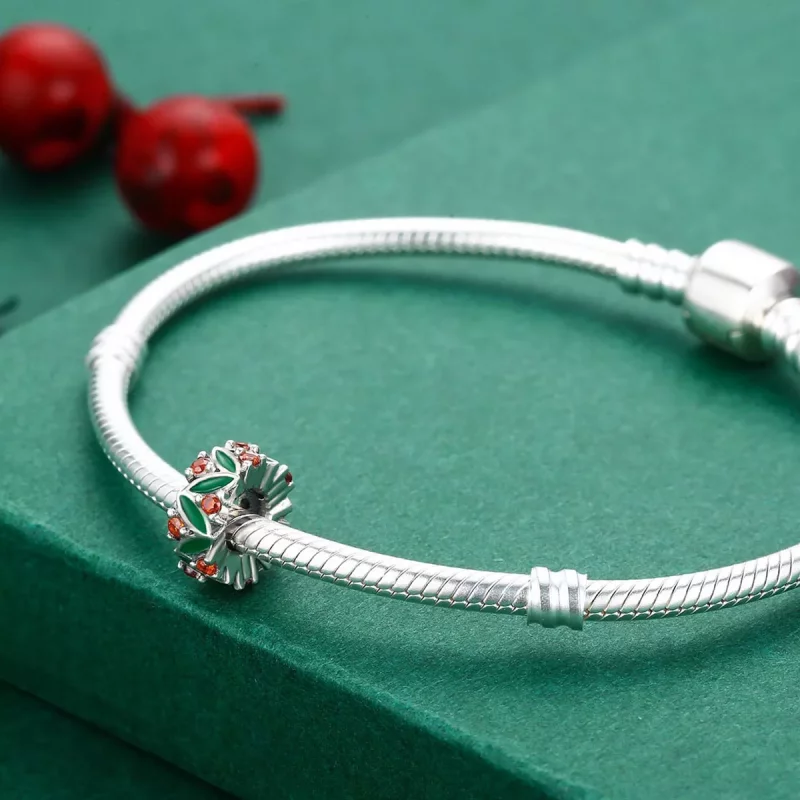 (imagen para) Charm de espaciador con hojas de árbol de Navidad plateado al estilo Pandora - S - Ver 4