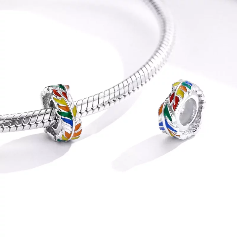 (imagen para) Charm de Pluma Colorida estilo Pandora en Color Plateado - BSC305 - Ver 4