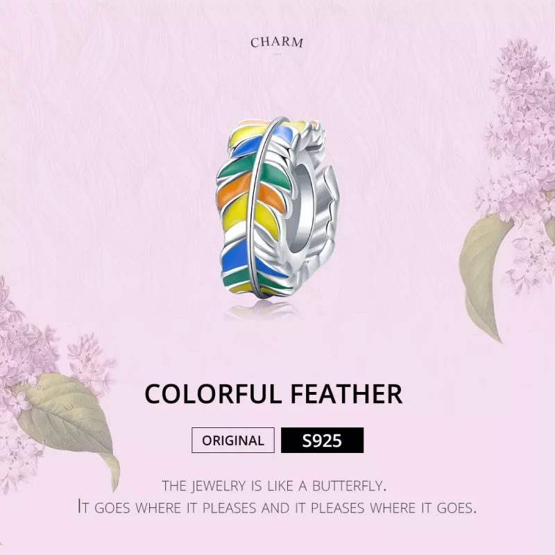 (imagen para) Charm de Pluma Colorida estilo Pandora en Color Plateado - BSC305 - Ver 6