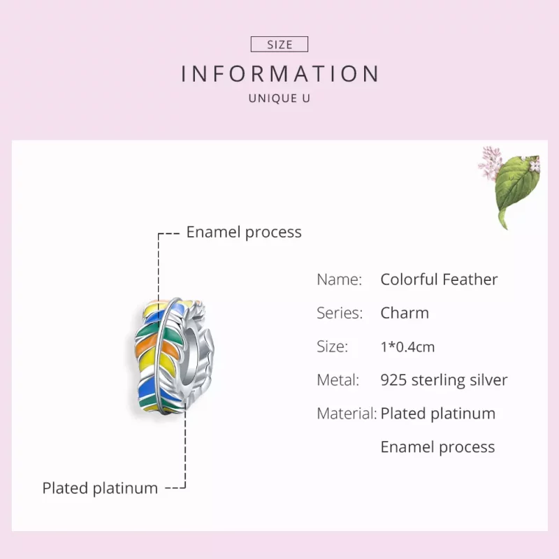 (imagen para) Charm de Pluma Colorida estilo Pandora en Color Plateado - BSC305 - Ver 7