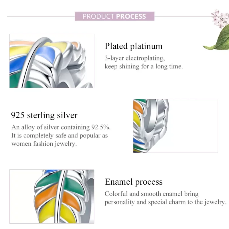 (imagen para) Charm de Pluma Colorida estilo Pandora en Color Plateado - BSC305 - Ver 8