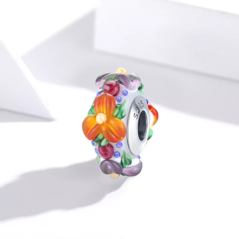 (imagen para) Charm espaciador de estilo Pandora en color plateado con flores coloridas - SCC1 - Ver 2