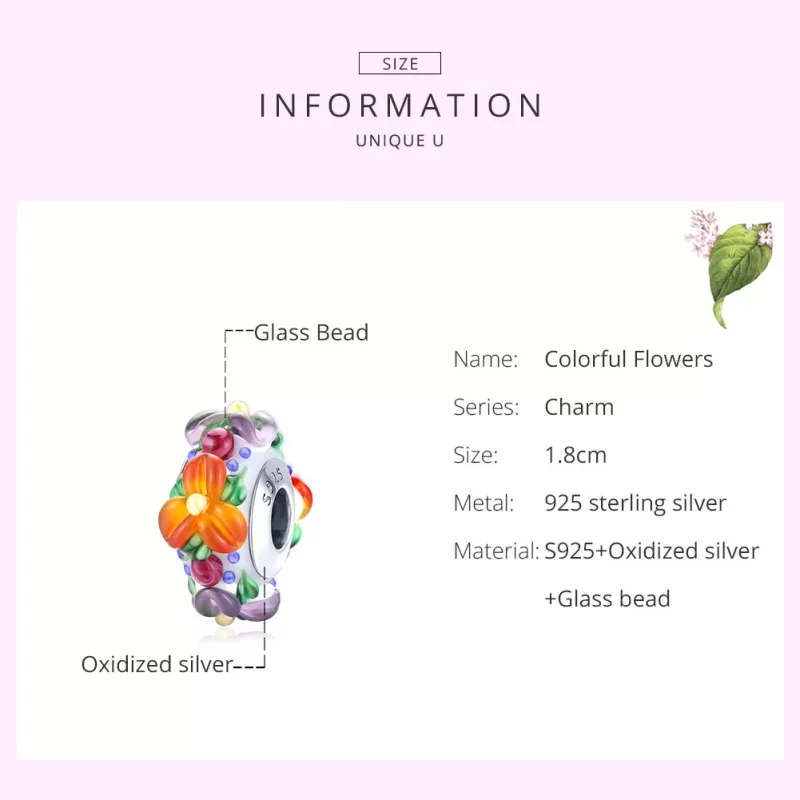 (imagen para) Charm espaciador de estilo Pandora en color plateado con flores coloridas - SCC1 - Ver 6