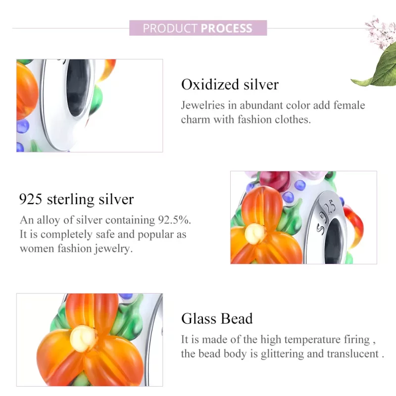 (imagen para) Charm espaciador de estilo Pandora en color plateado con flores coloridas - SCC1 - Ver 7