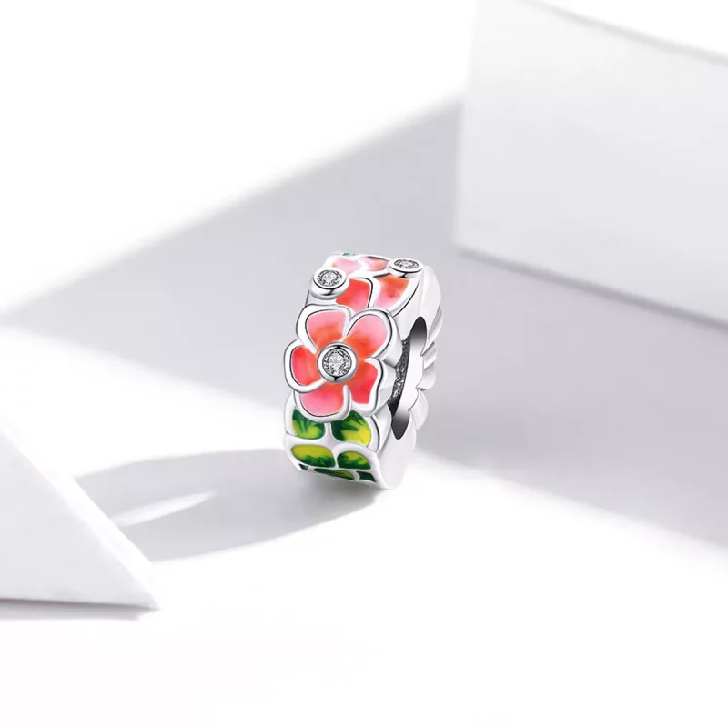 (imagen para) Charm espaciador estilo Pandora en plata con coloridas flores - SCC1727 - Ver 2