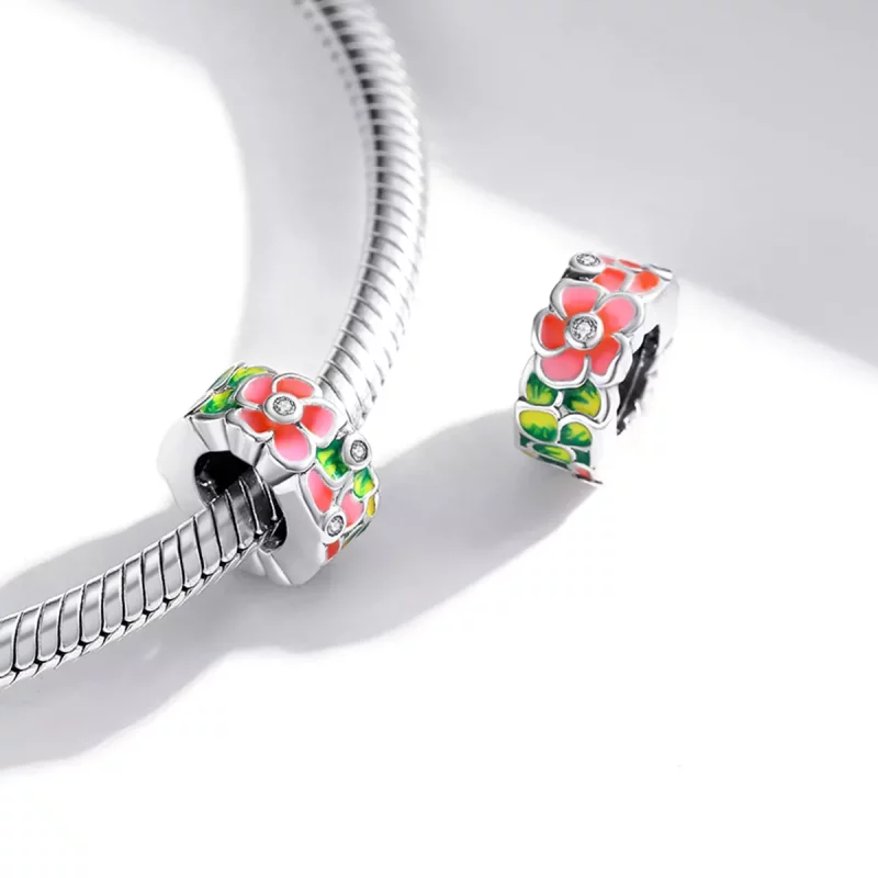 (imagen para) Charm espaciador estilo Pandora en plata con coloridas flores - SCC1727 - Ver 4