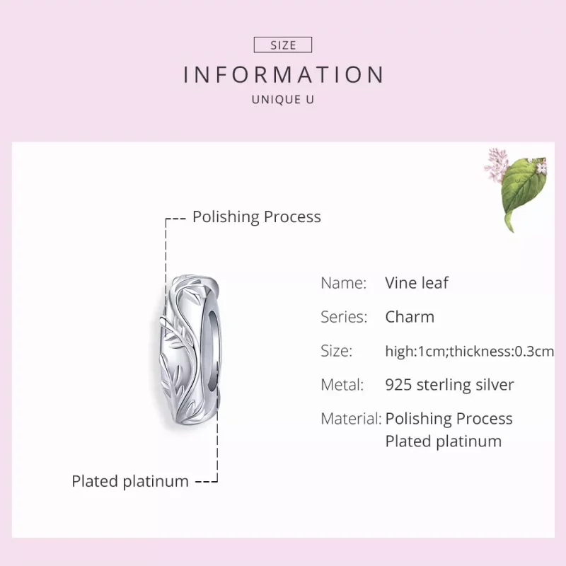 (imagen para) Pulsera estilo Pandora con charm separador de hoja de vid plateada - BSC142 - Ver 7