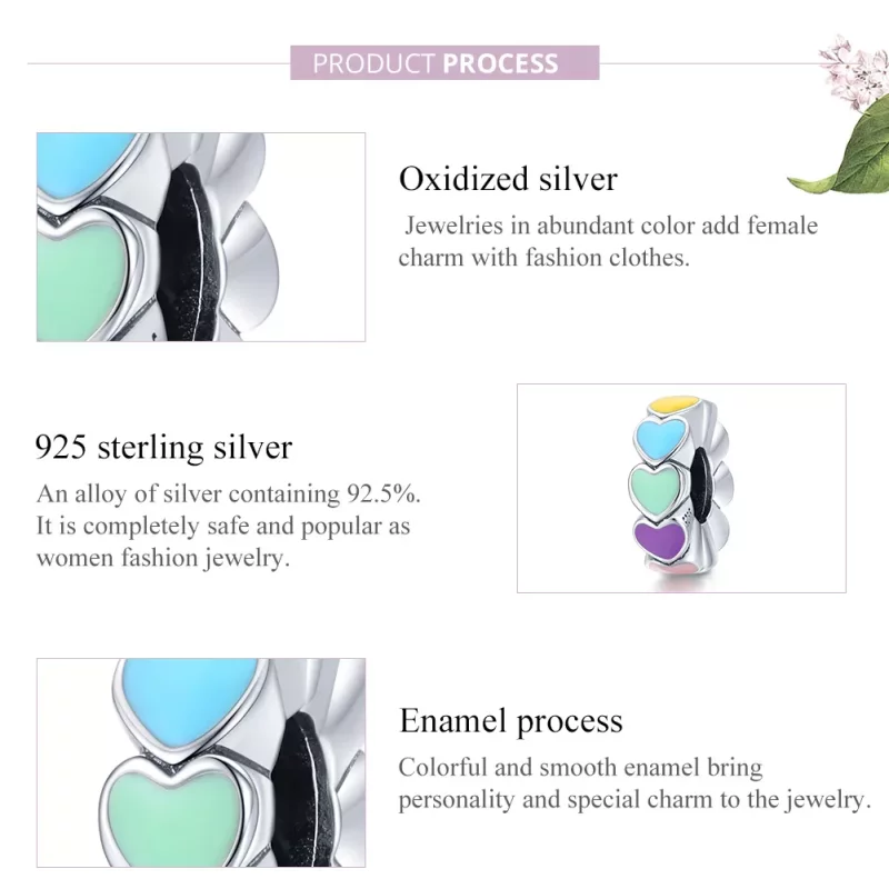 (imagen para) Pulsera estilo Pandora de plata con encanto espaciador de corazón colorido - SCC - Ver 8