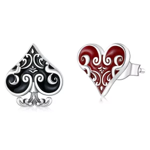 Aretes de botón estilo Pandora con corazones de póquer - SCE1378 (imagen para) Aretes de botón estilo Pandora con corazones de póquer - SCE1378