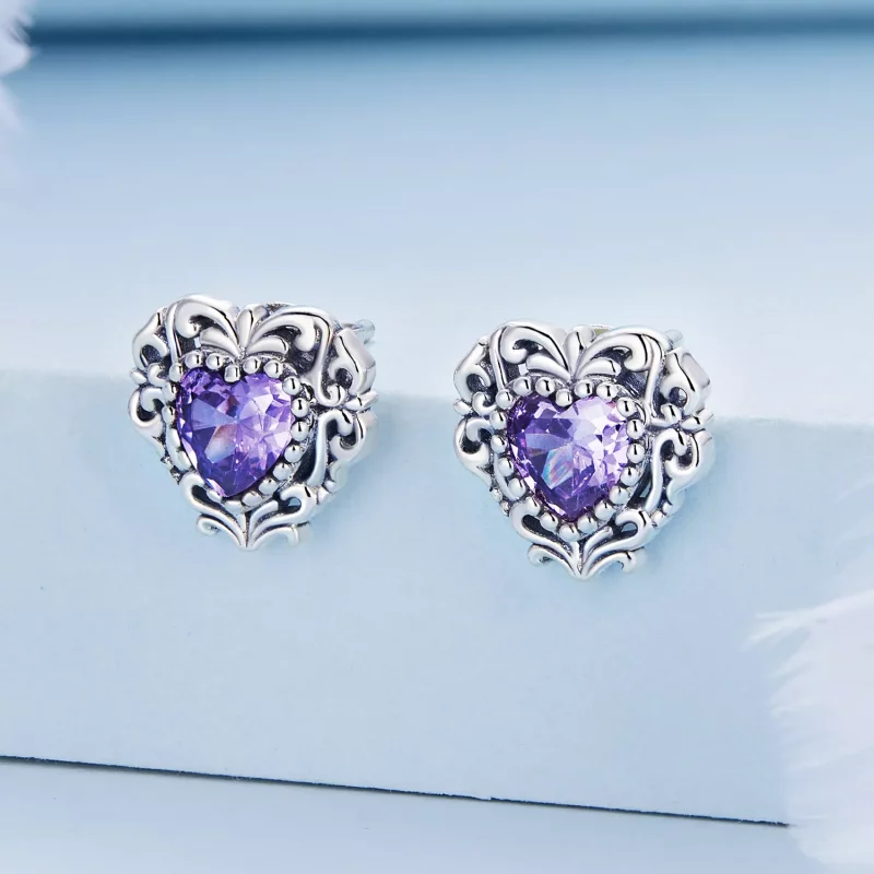 (imagen para) Aretes de corazón de circonita púrpura estilo Pandora - BSE695 - Ver 2