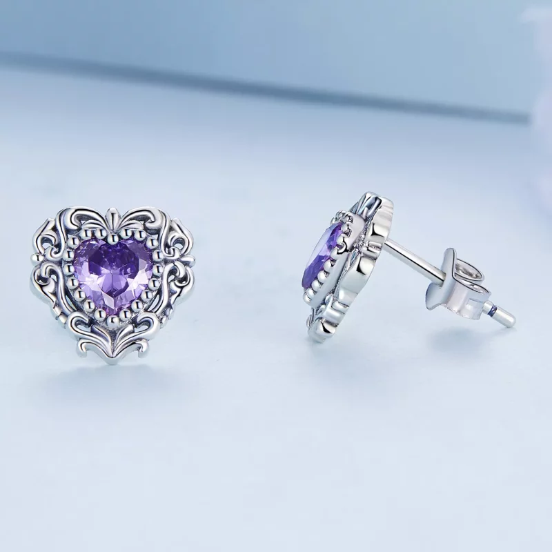 (imagen para) Aretes de corazón de circonita púrpura estilo Pandora - BSE695 - Ver 3