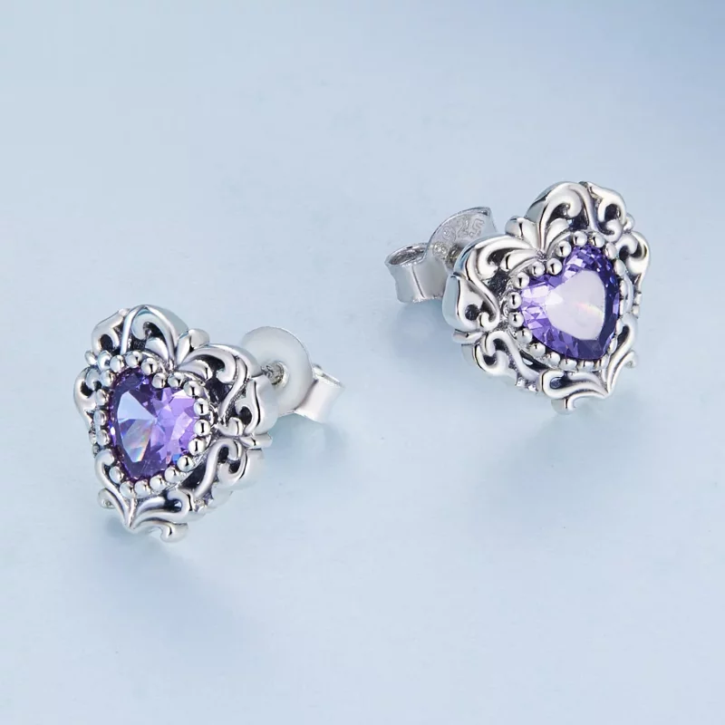 (imagen para) Aretes de corazón de circonita púrpura estilo Pandora - BSE695 - Ver 4