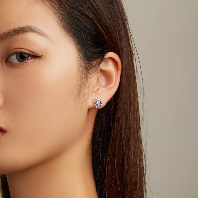 (imagen para) Aretes de corazón de circonita púrpura estilo Pandora - BSE695 - Ver 5