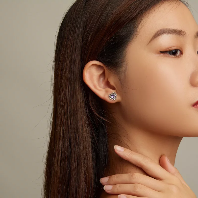 (imagen para) Aretes de corazón de circonita púrpura estilo Pandora - BSE695 - Ver 7