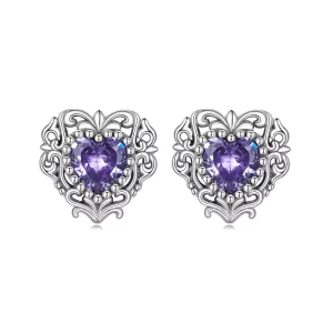 Aretes de corazón de circonita púrpura estilo Pandora - BSE695 (imagen para) Aretes de corazón de circonita púrpura estilo Pandora - BSE695