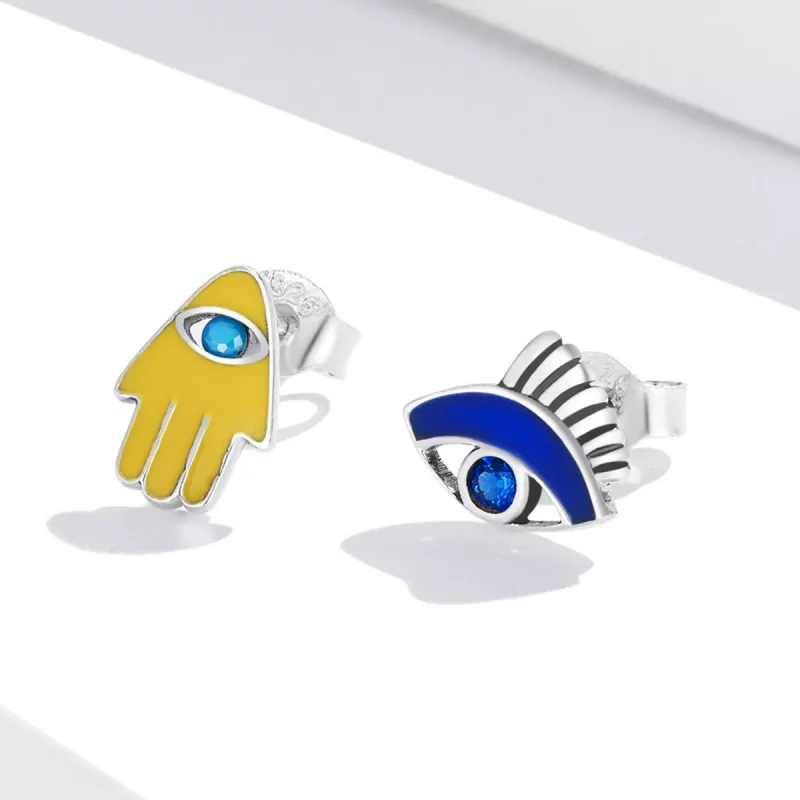 (imagen para) Conjunto de pendientes de botón estilo Pandora con ojo de diablo y mano de la su - Ver 2