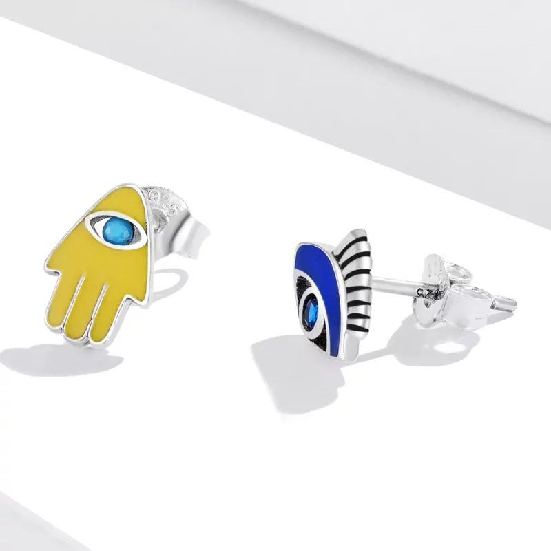 (imagen para) Conjunto de pendientes de botón estilo Pandora con ojo de diablo y mano de la su - Ver 3