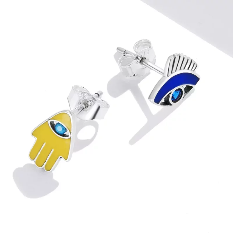 (imagen para) Conjunto de pendientes de botón estilo Pandora con ojo de diablo y mano de la su - Ver 4