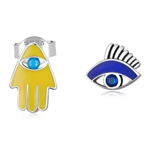 (imagen para) Conjunto de pendientes de botón estilo Pandora con ojo de diablo y mano de la suerte - SCE1341