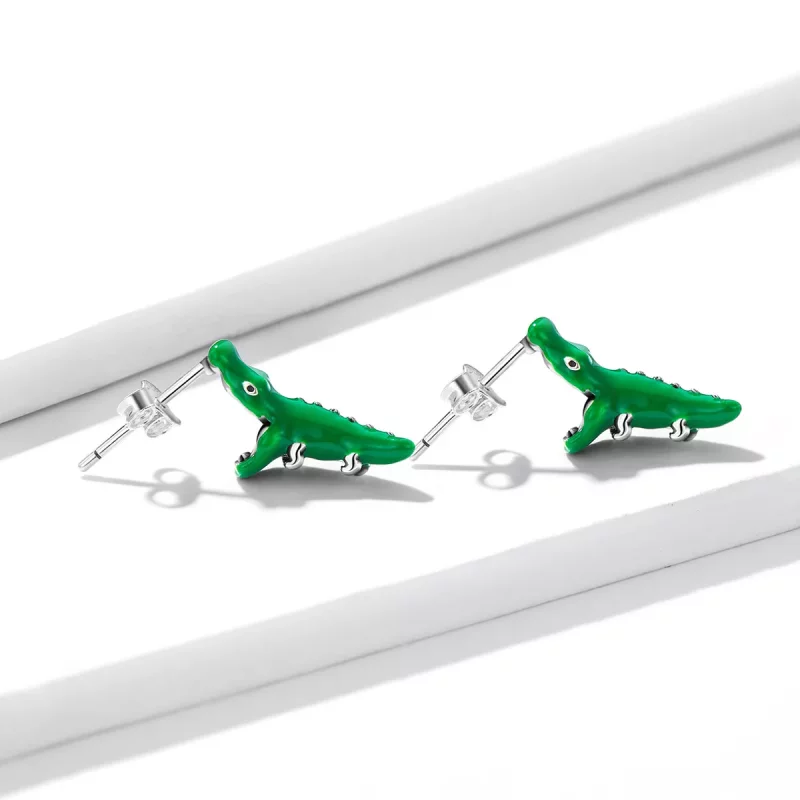 (imagen para) Estilo Pandora Divertidos Pendientes de Tuerca con Forma de Cocodrilo Pequeño - - Ver 2