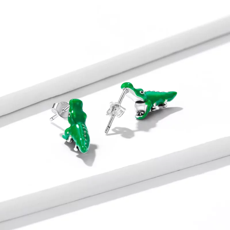 (imagen para) Estilo Pandora Divertidos Pendientes de Tuerca con Forma de Cocodrilo Pequeño - - Ver 3