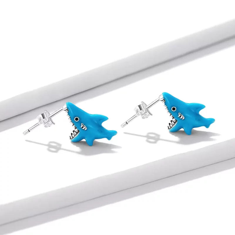 (imagen para) Estilo Pandora Divertidos Pendientes de Tuerca de Pequeños Tiburones - BSE563 - Ver 2