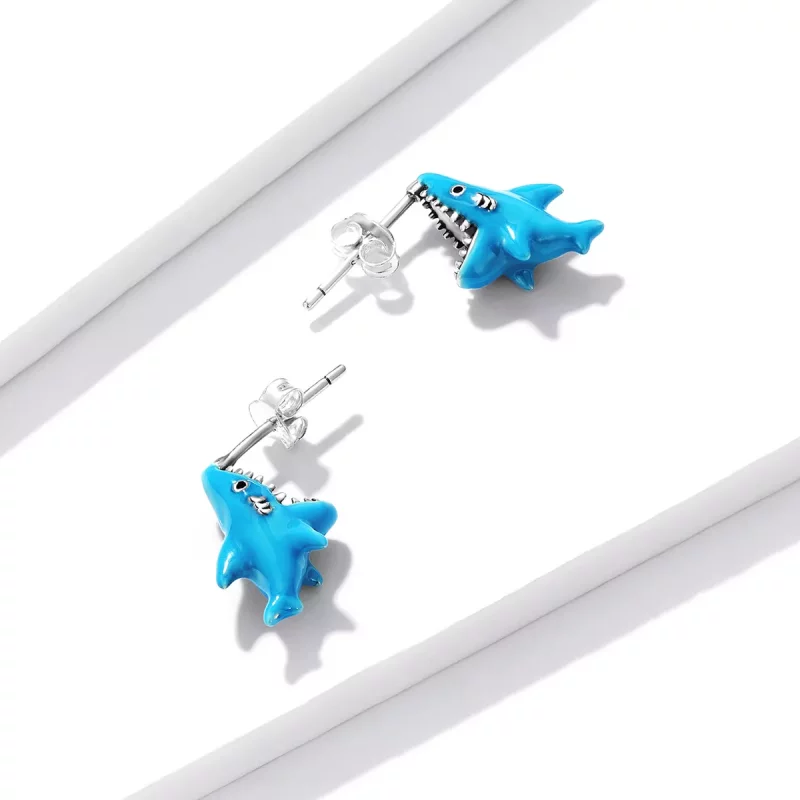 (imagen para) Estilo Pandora Divertidos Pendientes de Tuerca de Pequeños Tiburones - BSE563 - Ver 3