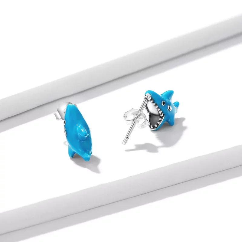(imagen para) Estilo Pandora Divertidos Pendientes de Tuerca de Pequeños Tiburones - BSE563 - Ver 4