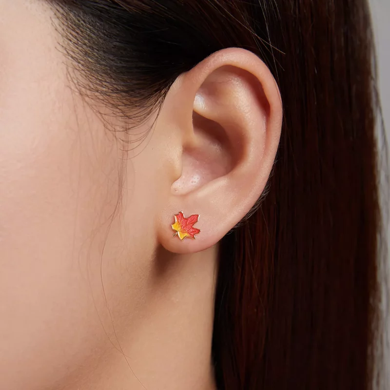 (imagen para) Estilo Pandora Otoño - Pendientes de Estudio de Hoja de Arce - SCE1244 - Ver 3