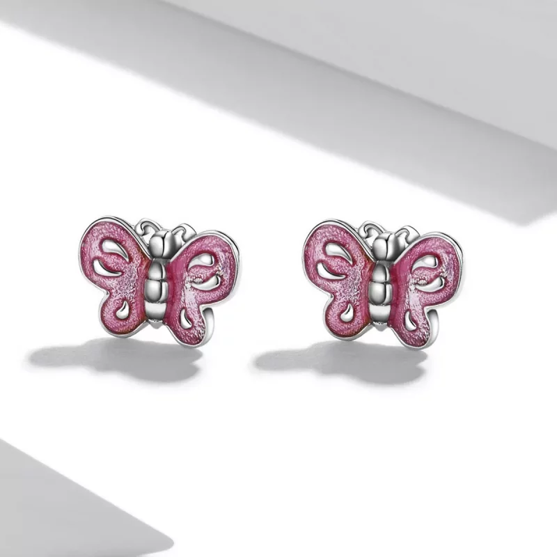 (imagen para) Estilo Pandora Pendientes de Mariposa Rosa - SCE1344 - Ver 2