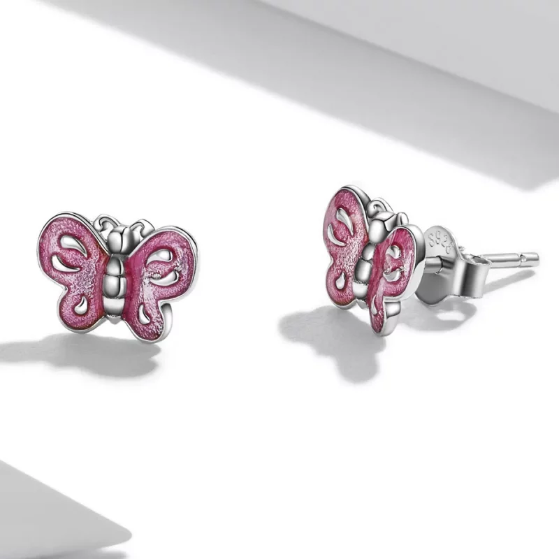 (imagen para) Estilo Pandora Pendientes de Mariposa Rosa - SCE1344 - Ver 3