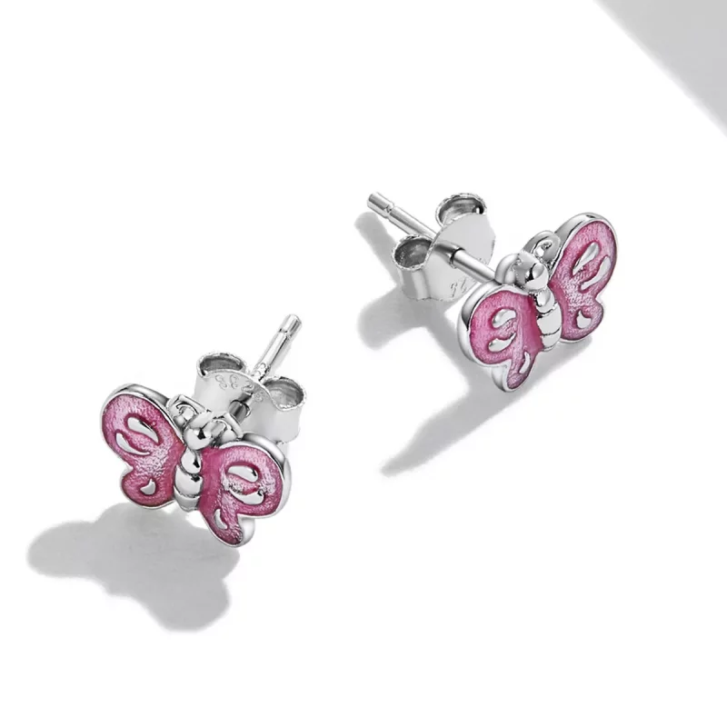 (imagen para) Estilo Pandora Pendientes de Mariposa Rosa - SCE1344 - Ver 4