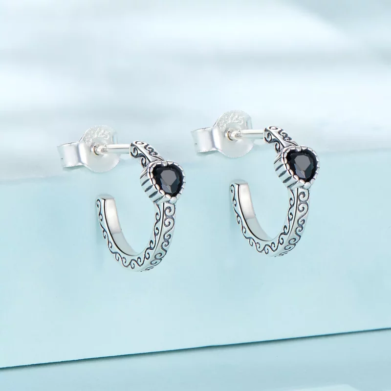 (imagen para) Estilo Pandora Vintage Pendientes de Tachuelas de Circonita Negra - SCE1520 - Ver 2