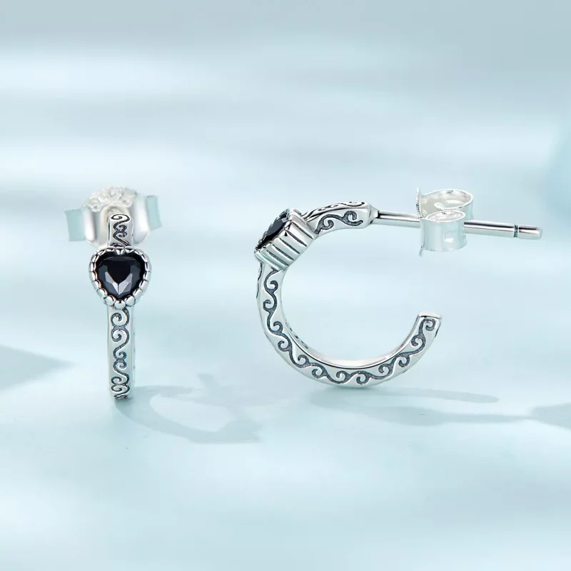 (imagen para) Estilo Pandora Vintage Pendientes de Tachuelas de Circonita Negra - SCE1520 - Ver 3