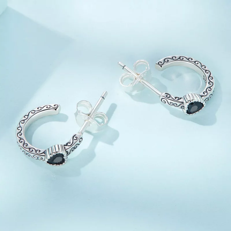(imagen para) Estilo Pandora Vintage Pendientes de Tachuelas de Circonita Negra - SCE1520 - Ver 4