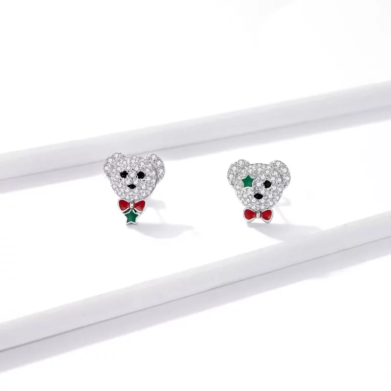 (imagen para) Pendientes de botón con diseño de oso juguetón al estilo Pandora - BSE437 - Ver 2