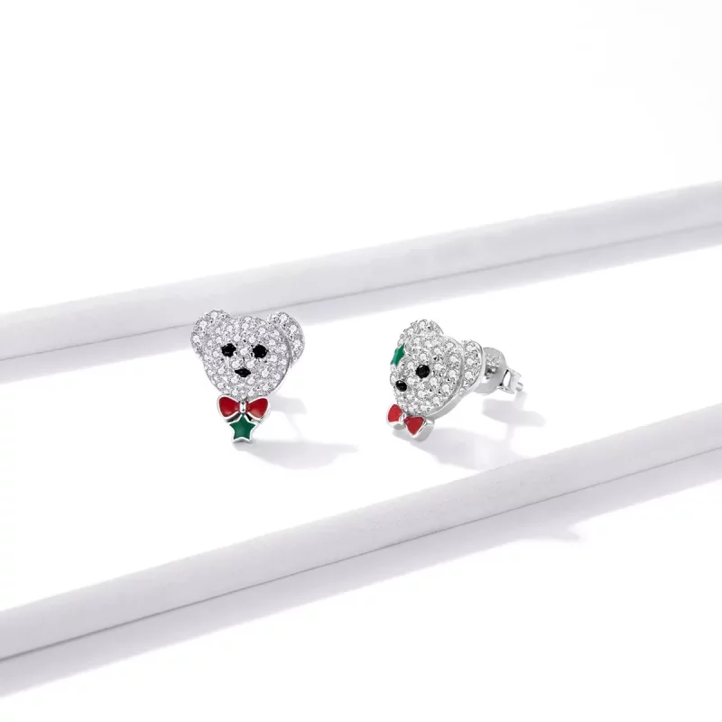 (imagen para) Pendientes de botón con diseño de oso juguetón al estilo Pandora - BSE437 - Ver 3