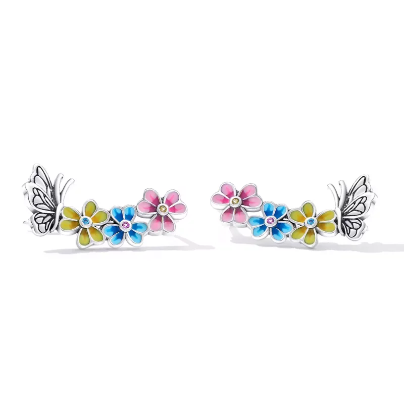 (imagen para) Pendientes de botón con estilo Pandora con mariposa y flores - SCE1393 - Ver 2