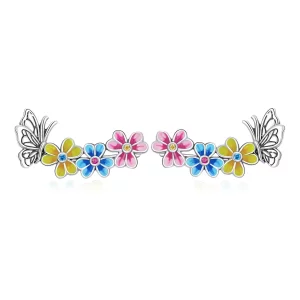 Pendientes de botón con estilo Pandora con mariposa y flores - SCE1393 (imagen para) Pendientes de botón con estilo Pandora con mariposa y flores - SCE1393