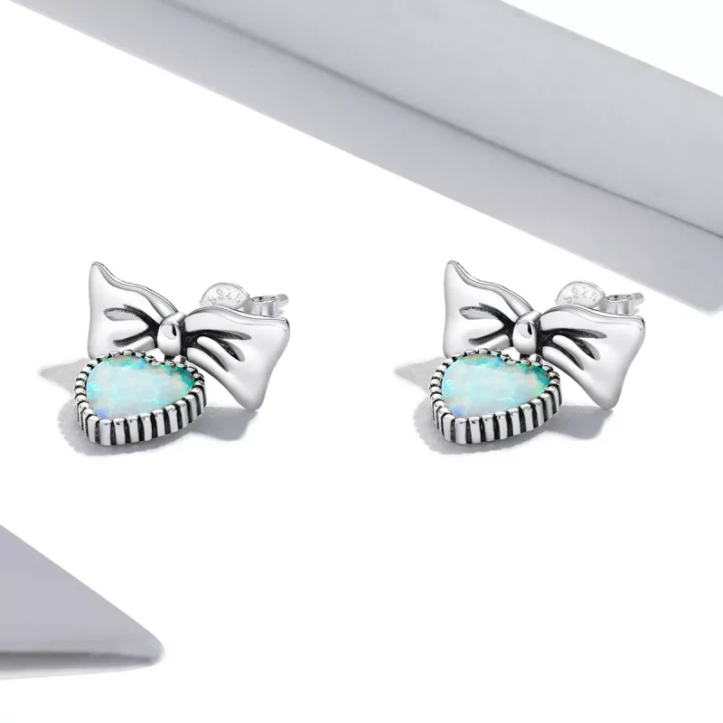 (imagen para) Pendientes de botón con forma de corazón y lazo estilo Pandora con ópalo - SCE13 - Ver 2