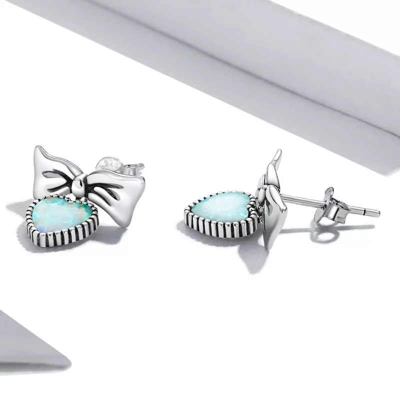 (imagen para) Pendientes de botón con forma de corazón y lazo estilo Pandora con ópalo - SCE13 - Ver 3