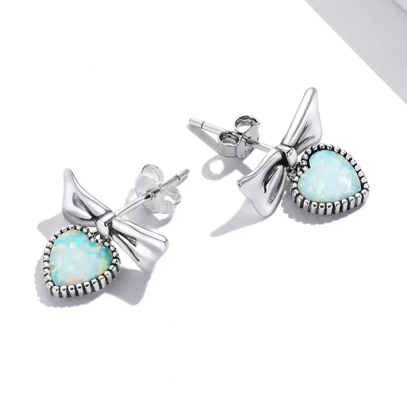 (imagen para) Pendientes de botón con forma de corazón y lazo estilo Pandora con ópalo - SCE13 - Ver 4
