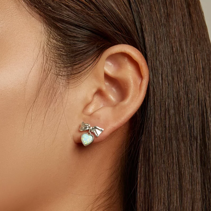 (imagen para) Pendientes de botón con forma de corazón y lazo estilo Pandora con ópalo - SCE13 - Ver 7