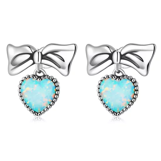 (imagen para) Pendientes de botón con forma de corazón y lazo estilo Pandora con ópalo - SCE1374