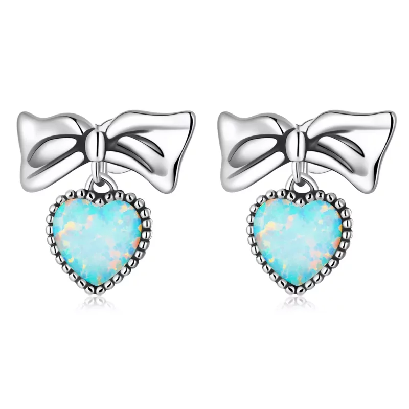 (imagen para) Pendientes de botón con forma de corazón y lazo estilo Pandora con ópalo - SCE1374