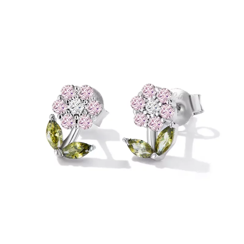 (imagen para) Pendientes de botón estilo Pandora con delicadas flores - BSE592-PK - Ver 2